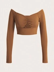 ROMWE Camiseta ajustada de manga larga con cuello en forma de corazón y diseño calado, versátil y sexy - Marrón - Ver 1