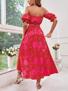 SHEIN VCAY Women's Vacation Style Floral Print Off Shoulder Short Sleeve Top And Skirt Set - Multicolor - View 4