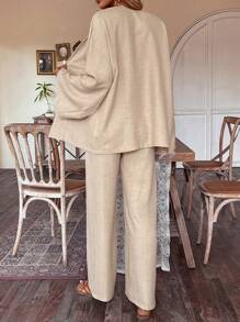 SHEIN LUNE Của phụ nữ Tay áo dài Áo khoác Và Quần Hai chiếc Bộ - Màu Khaki - Xem 2