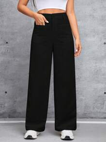 SHEIN PETITE Pantalones De Talle Alto De Color Liso Para Mujer - Negro - Ver 1