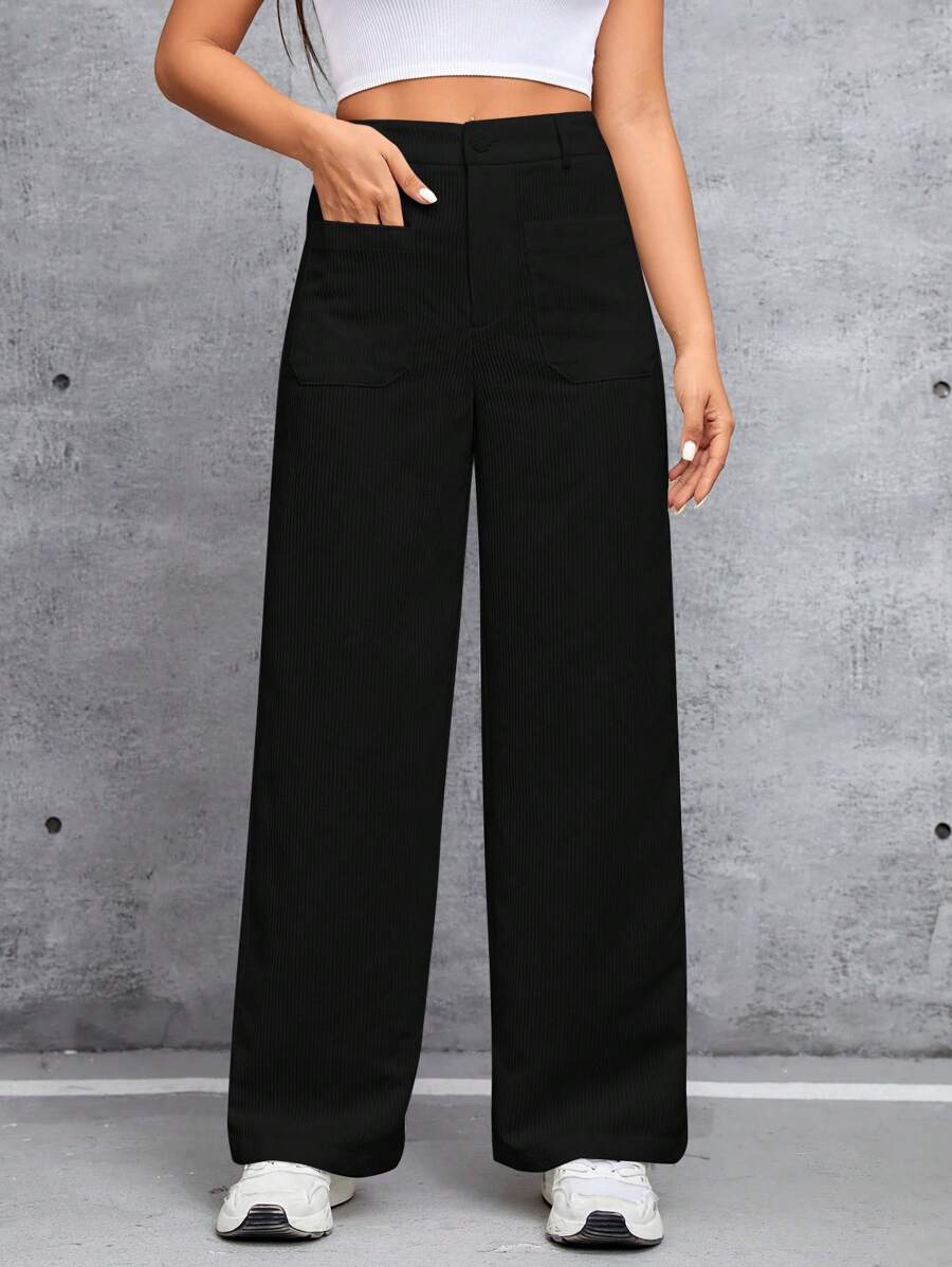 SHEIN PETITE Pantalones De Talle Alto De Color Liso Para Mujer - Negro - Ver 1