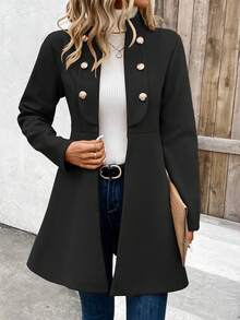 SHEIN LUNE 女用荷葉邊雙排扣大衣 - 黑色 - 查看 3