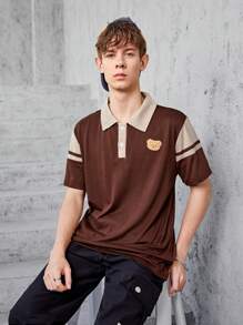Teenagers (Male) Contrast Color Bear Embroidered Button Half Cardigan Polo Shirt - Multicolor - View 3