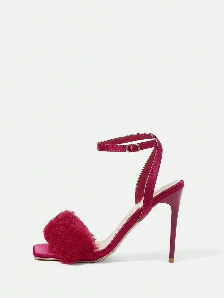 Women'S High Heel Sandals With Pointed Toe, Thin Heel And Furry Detail