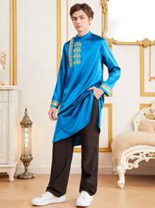 SHEIN Teen Boy's Mandarin Collar Imitation Gold Foil Printed Satin Robe And Pants Set - Multicolor - View 6