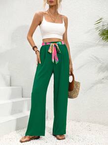SHEIN LUNE Green Slanted Pocket Belted Trousers - Green - View 4