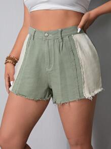 SHEIN EZwear Kích thước lớn Frayed Hem Tương phản Màu sắc Quần short Denim - Nhiều màu - Xem 5