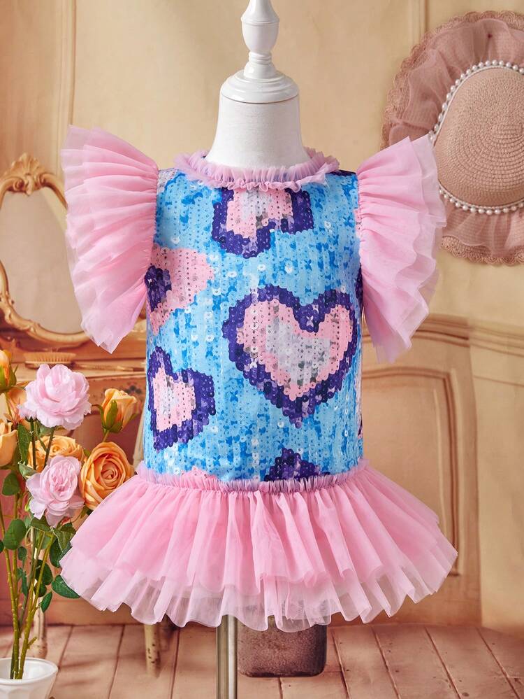 Fashionable Baby Girls' Glitter Effect Printed Ruffled Sleeve Dress