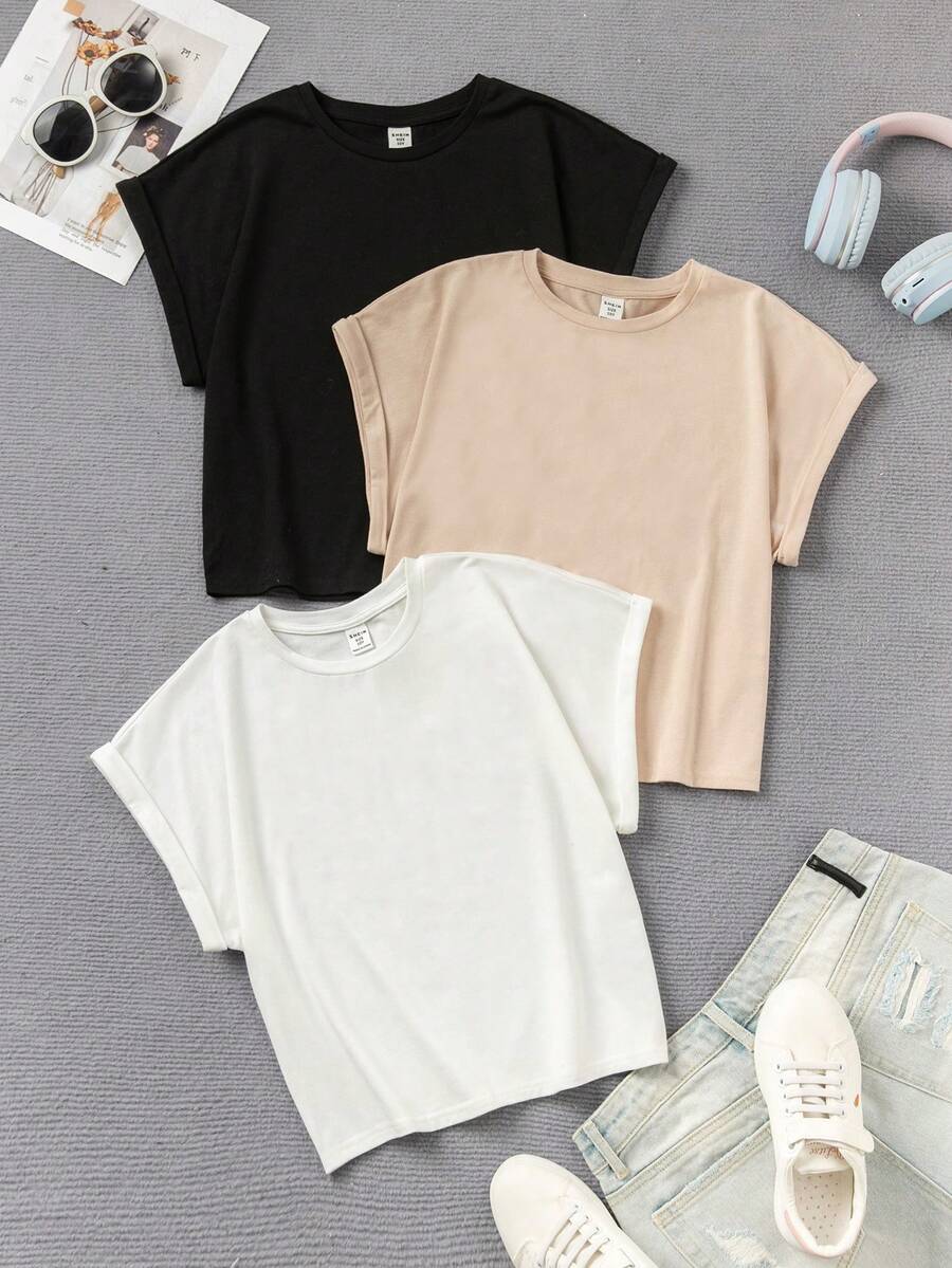 3入組中學女孩基礎針織實色寬鬆休閒t恤 - 彩色 - 查看 1
