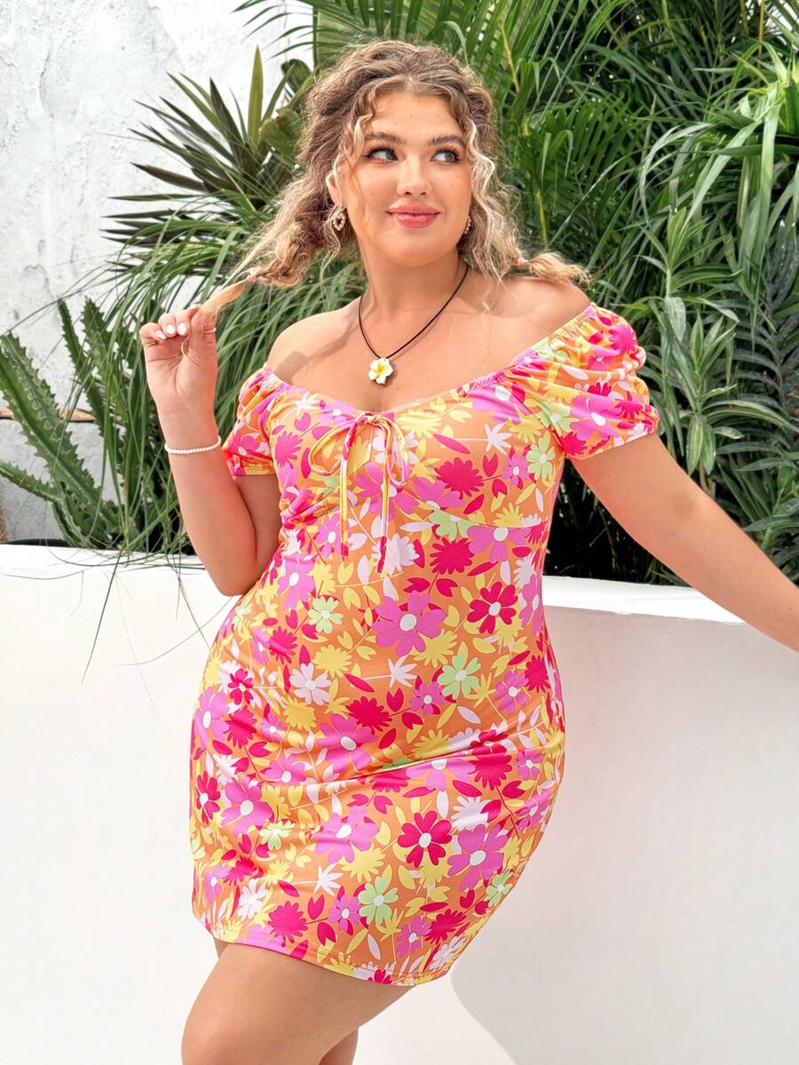 Dreamara Plus Size Women's Botanical Print Front Tie Dress - Burnt Orange - View 1