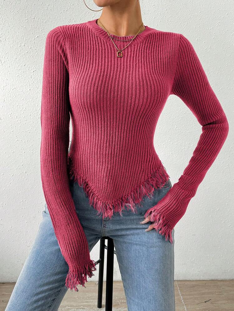 Women's Plain Asymmetrical Hem Fringed Knit Pullover Fall Winter Sweater