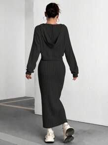 Flirla Solid Color Drop Shoulder Hoodie And Skirt Set