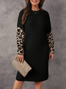 SHEIN LUNE Plus Size Women's Leopard Print Long Sleeve Sweater Dress - Black - View 5