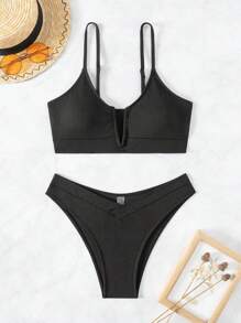SHEIN Swim 女士纯色 V 领镂空比基尼套装 夏季 - 黑色 - 查看 1