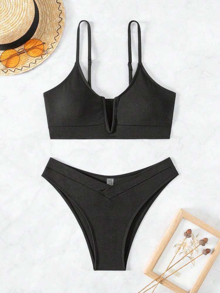 Women'S Solid Color Bikini Set With V-Neck Cutout Summer