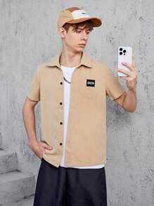 Teenage Boys' Short Sleeve Casual Shirt With Buttoned Front Patch Pocket - Camel - View 6