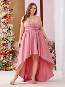 SHEIN Belle Plus Size Strapless Evening Dress With Asymmetrical Hem And 3d Floral Fabric - Pink - View 9