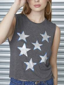 SHEIN Regata cropped de estrelas metalizado prata feminino - Cinza - Visão 3