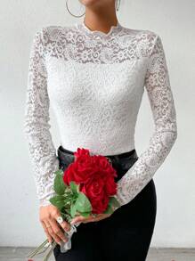 SHEIN Privé Lace Stand Collar Long Sleeve T-Shirt - White - View 1