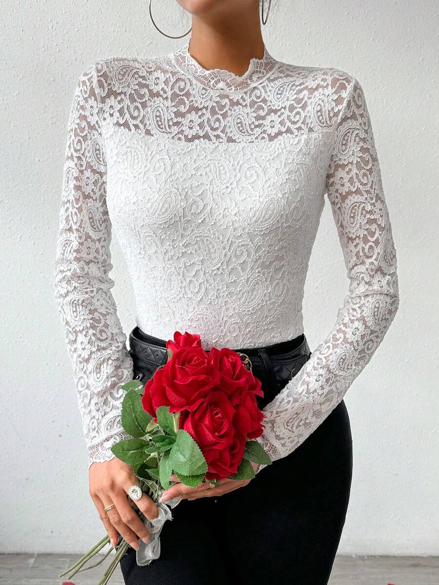 SHEIN Privé Lace Stand Collar Long Sleeve T-Shirt - White - View 1