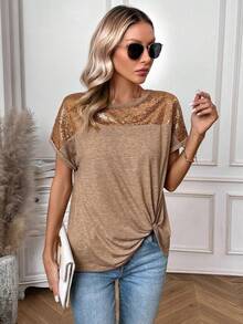 SHEIN LUNE Của phụ nữ Lấp lánh Bảng Viền xoay tròn Áo thun - Lạc đà - Xem 6
