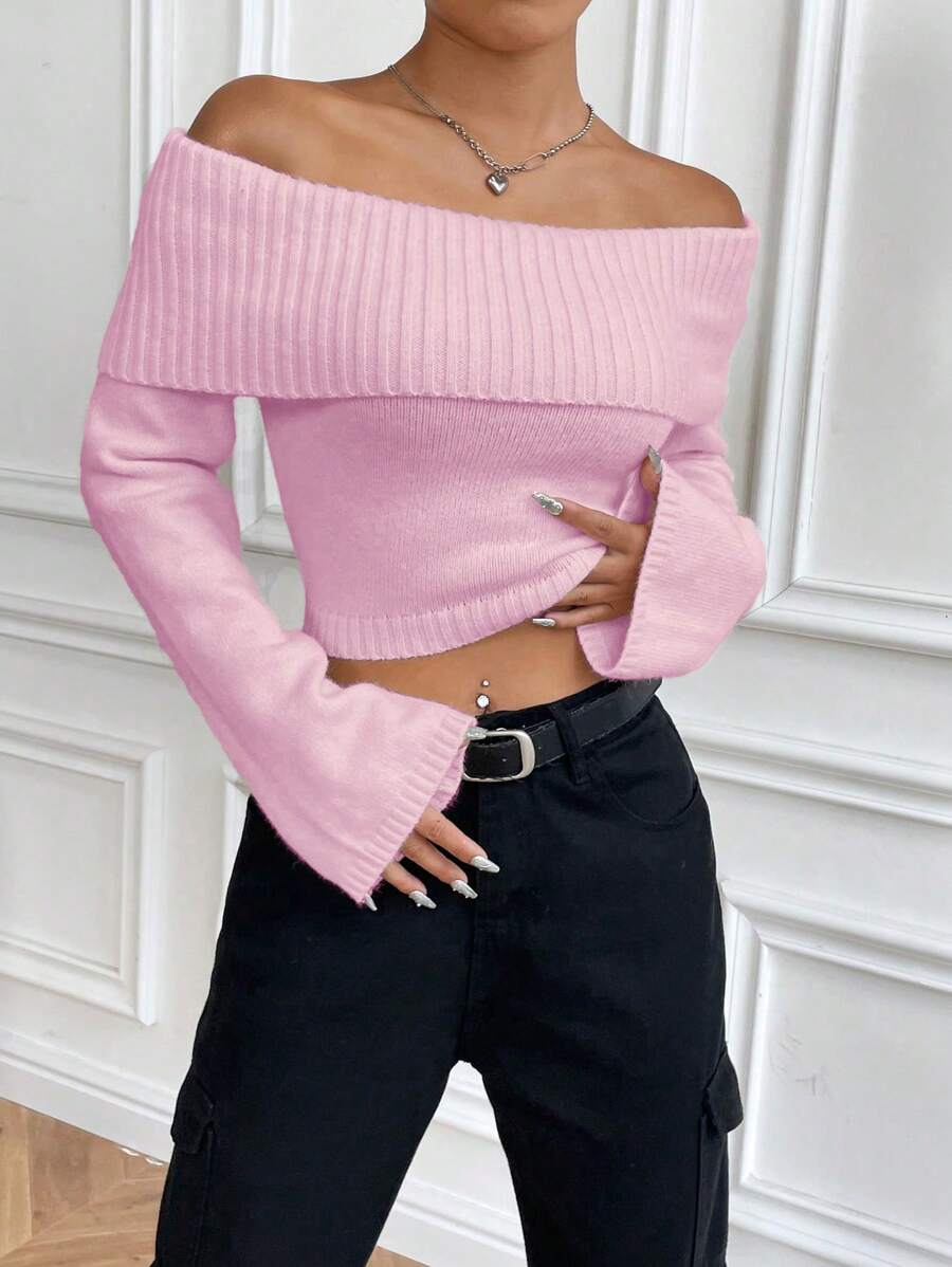 Flirla Women Sweaters Rib-Knit Plain Casual - Berwarna merah muda - View 1
