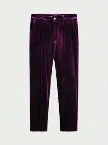 Business Casual Conjunto De Traje Holgado De Terciopelo Para Hombre Con Solapa De Pico, Cierre De Doble Botón Y Pantalón - Morado - Ver 11