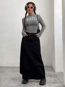 SHEIN EZwear Camiseta De Ajuste Delgado Para Mujer Con Cuello Alto Y Decoración De Diamantes De Imitación - Gris - Ver 4
