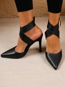 女士尖头细高跟露跟时尚香槟色/黑色/白色性感高跟鞋，带踝带，女士鞋 - 黑色 - 查看 5