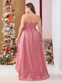 SHEIN Belle Plus Size Strapless Evening Dress With Asymmetrical Hem And 3d Floral Fabric - Pink - View 4