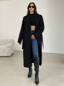 EURMUSE 女式羊毛纏身外套,大翻領領口 - 黑色 - 查看 3