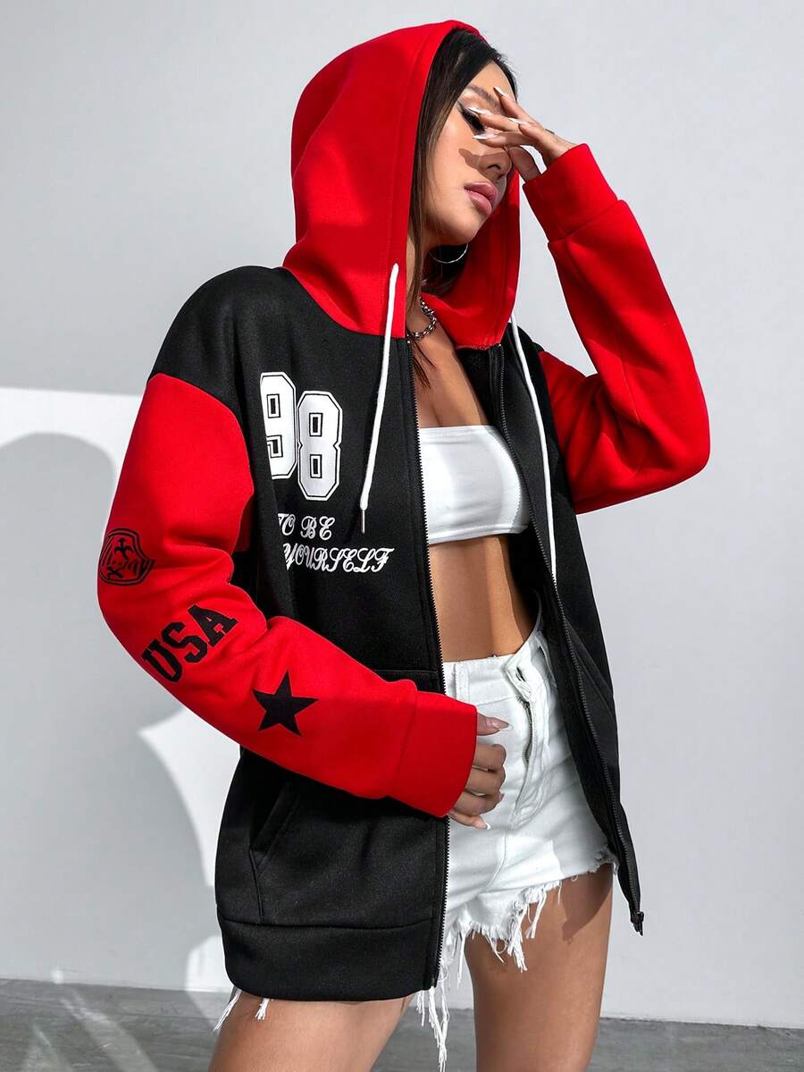 SHEIN Unity Color Block Long Hoodie With Letter Print, Zipper And Drawstring Design - Red - View 1