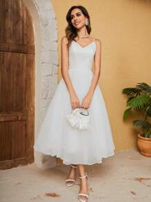 Lace & Tulle Spaghetti Strap Wedding Dress, Semi Formal Dress - White - View 4