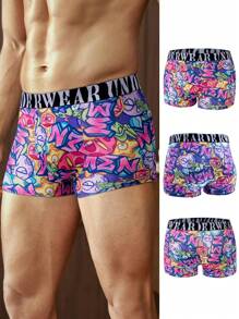 男士卡通印花字母細節編織腰帶平角短褲 - 彩色 - 查看 1