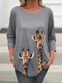 SHEIN LUNE Hơn In hoa  cao cổ in Tay Raglan Áo thun - Xám - Xem 5