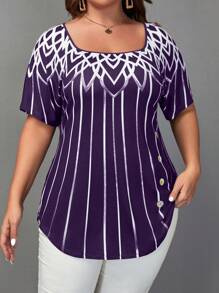 SHEIN Clasi Plus Size Pattern Printed Short Sleeve T-Shirt - Purple - View 5