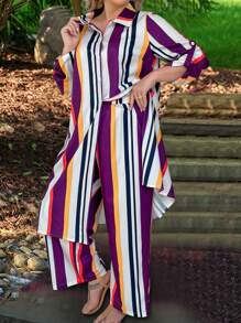 SHEIN LUNE Plus Striped Print Shirt & Wide Leg Pants - Multicolor - View 3
