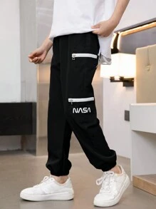 SHEIN Tween Boy Black & Grey Letter Print Zipper Closure Jogger Pants - Multicolor - View 8