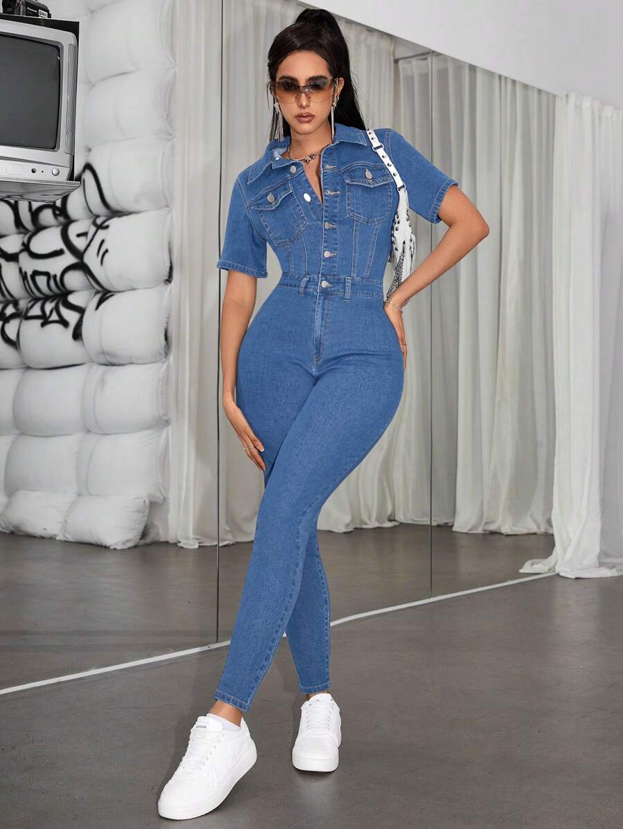 SHEIN PETITE Women's Short Sleeve Denim Jumpsuit Shirt - Blue - View 1