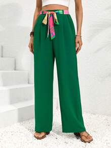 SHEIN LUNE Green Slanted Pocket Belted Trousers - Green - View 6