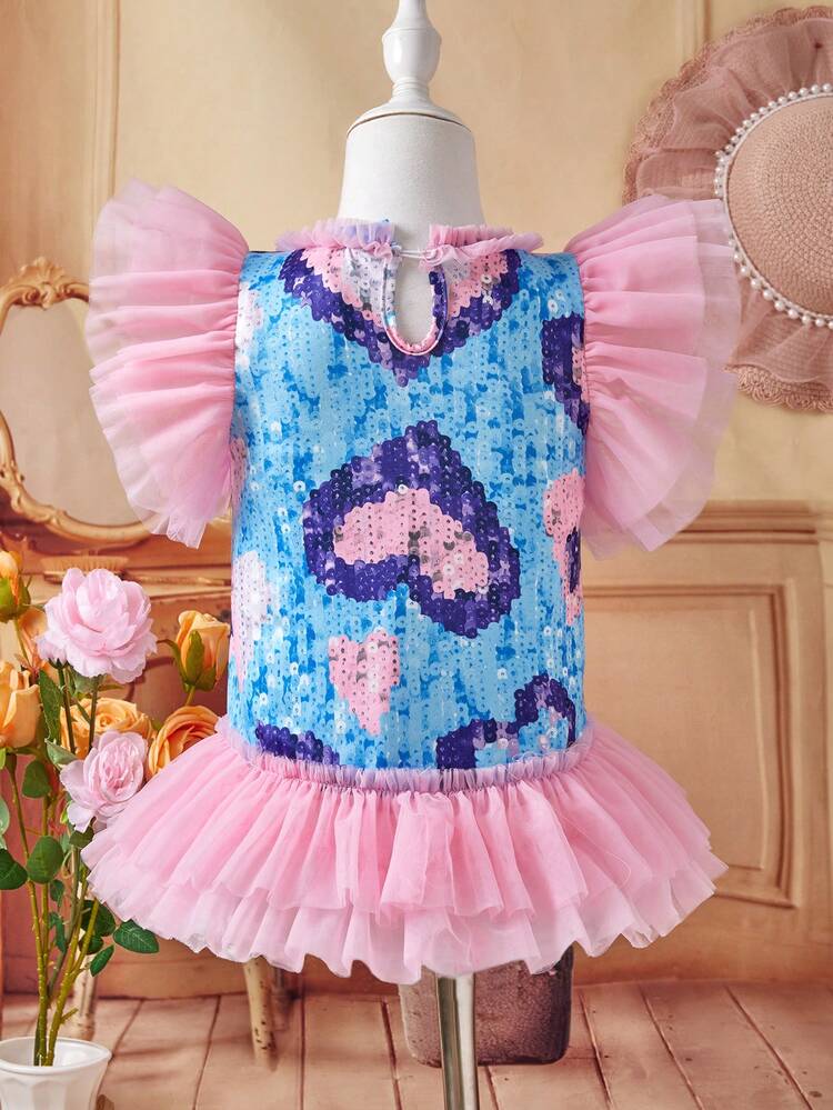 Fashionable Baby Girls' Glitter Effect Printed Ruffled Sleeve Dress