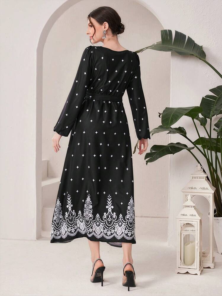 Women'S Polka Dot Printed Belted Lantern Sleeve Dress Fall Cloth For Women