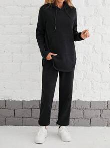 EMERY ROSE Women's Drawstring Hoodie T-Shirt And Pants Two-Piece Set - Black - View 5