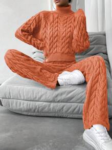 EMERY ROSE 高領長袖針織毛衣和針織長褲套裝 - 橘色 - 查看 4