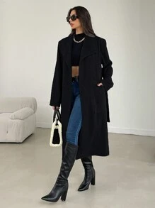 EURMUSE 女式羊毛纏身外套,大翻領領口 - 黑色 - 查看 5
