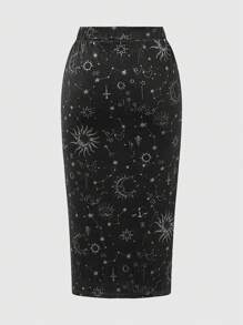 ROMWE Goth 高貴的天鵝絨花紋高衩加大尺碼緊身裙，帶彈力腰帶，性感迷人 - 黑色 - 查看 2