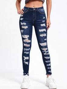 SHEIN Essnce 破洞修身牛仔褲 - 深色水洗藍 - 查看 4