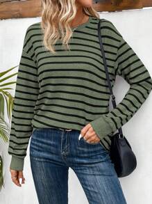 EMERY ROSE Women's Round Neck Striped T-Shirt Graphic Tees Women Tops - Army Green - View 3