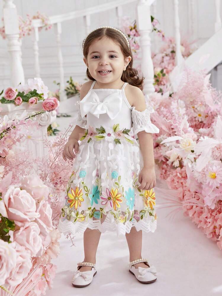 Baby Girl Hollowed Top Bowknot Embellished Embroidered Mesh Dress