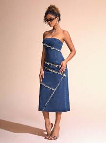 SHEIN BAE Denim Strapless Dress With Frayed Trim - Blue - View 3